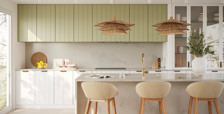 Brighten Your Cooking Space with Elegant Sage Green Cabinets and Warm Wood Counters